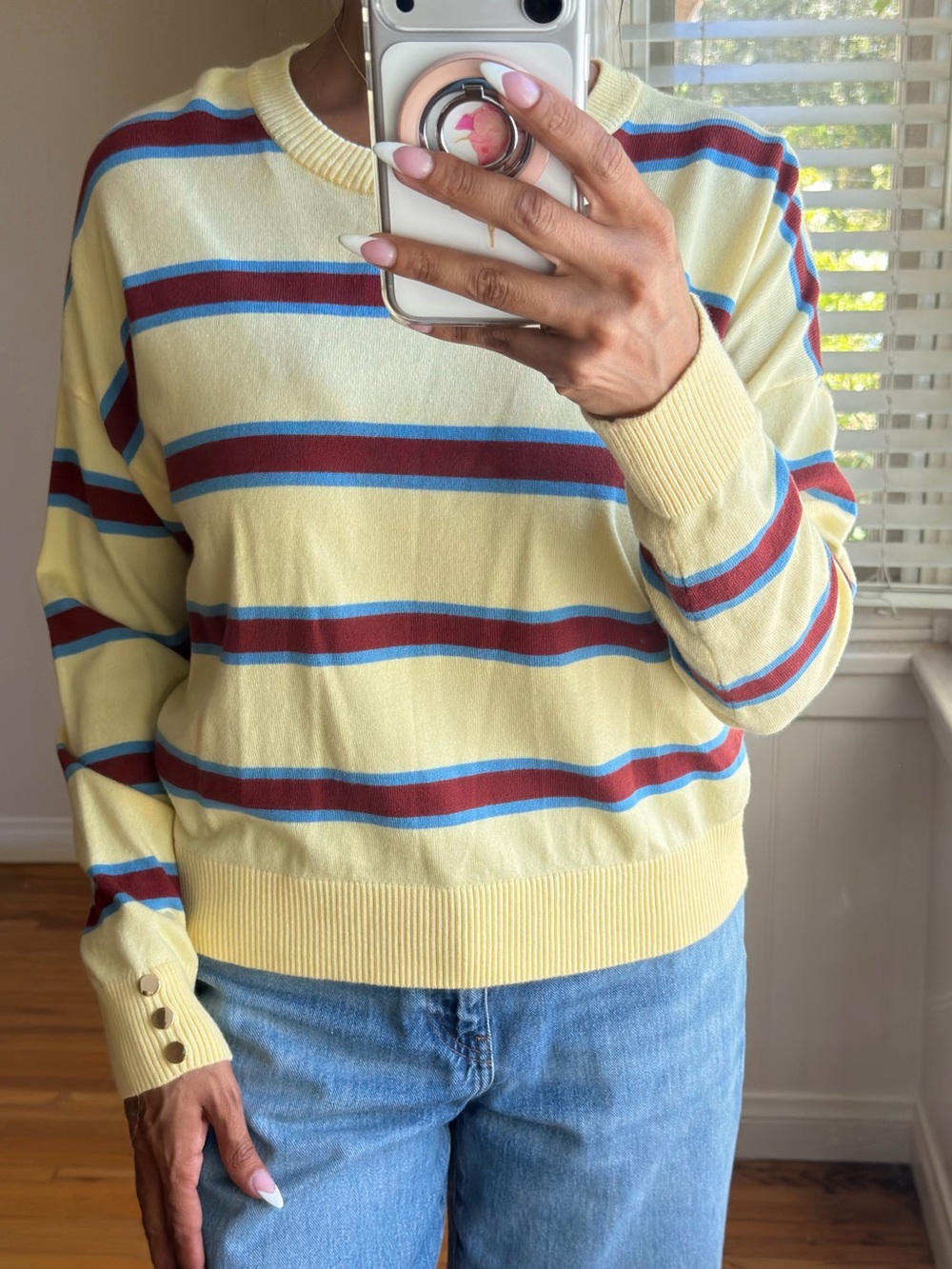 Pale Yellow Striped Crewneck Sweater with Blue & Red Accents